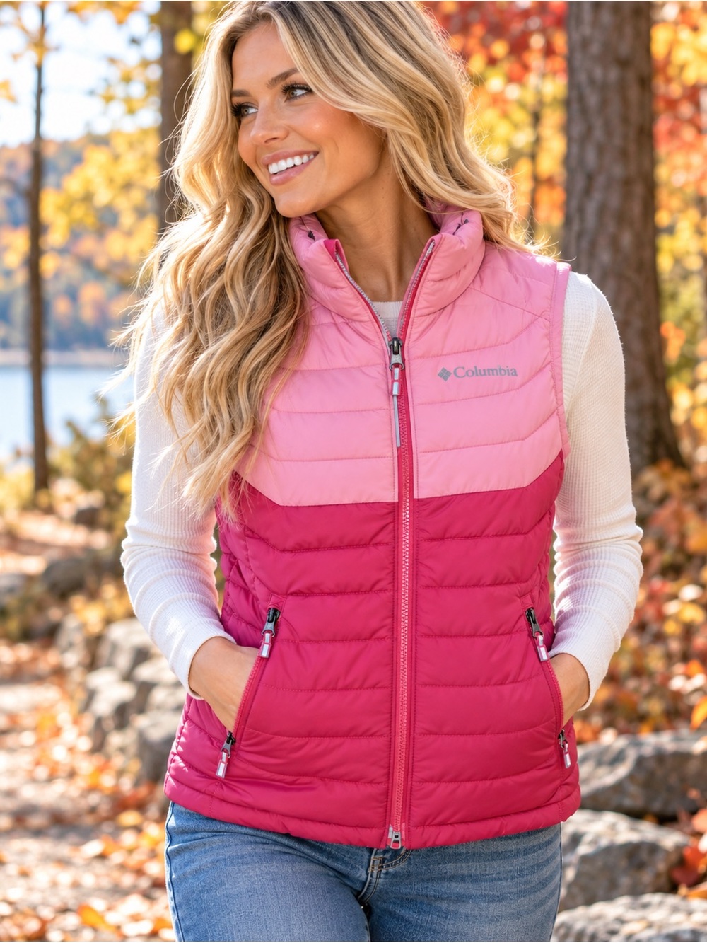 Columbia Women’s Medium Pink Colorblock Puffer Vest Omni-Heat Full Zip